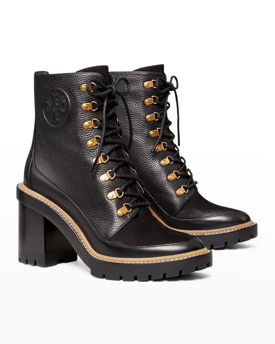TORY BURCH MILLER MIXED LEATHER LUG SOLE COMBAT BOOTIES