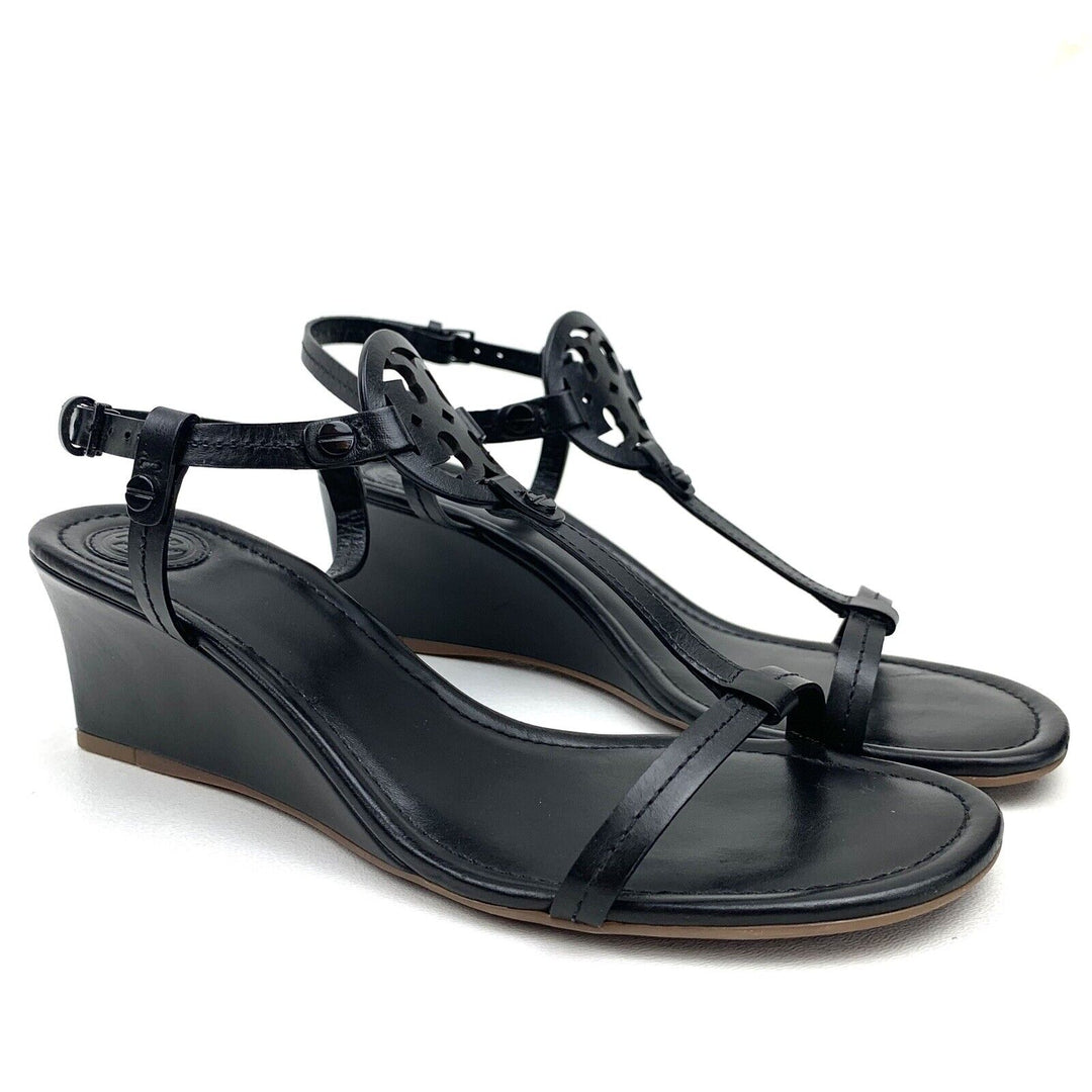 TORY BURCH MILLER T STRAP LEATHER WEDGE HEEL SANDALS