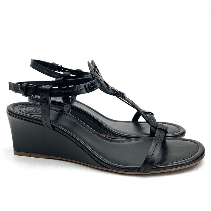 TORY BURCH MILLER T STRAP LEATHER WEDGE HEEL SANDALS