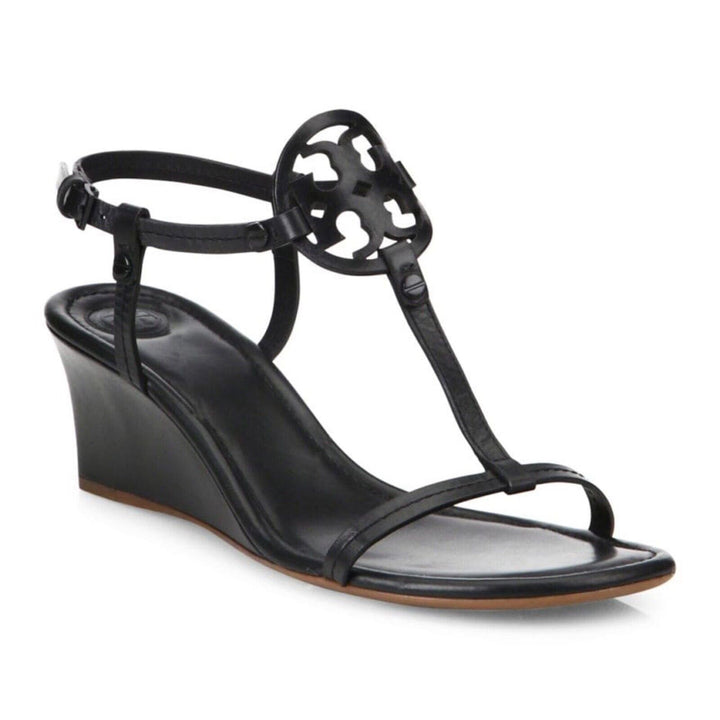 TORY BURCH MILLER T STRAP LEATHER WEDGE HEEL SANDALS