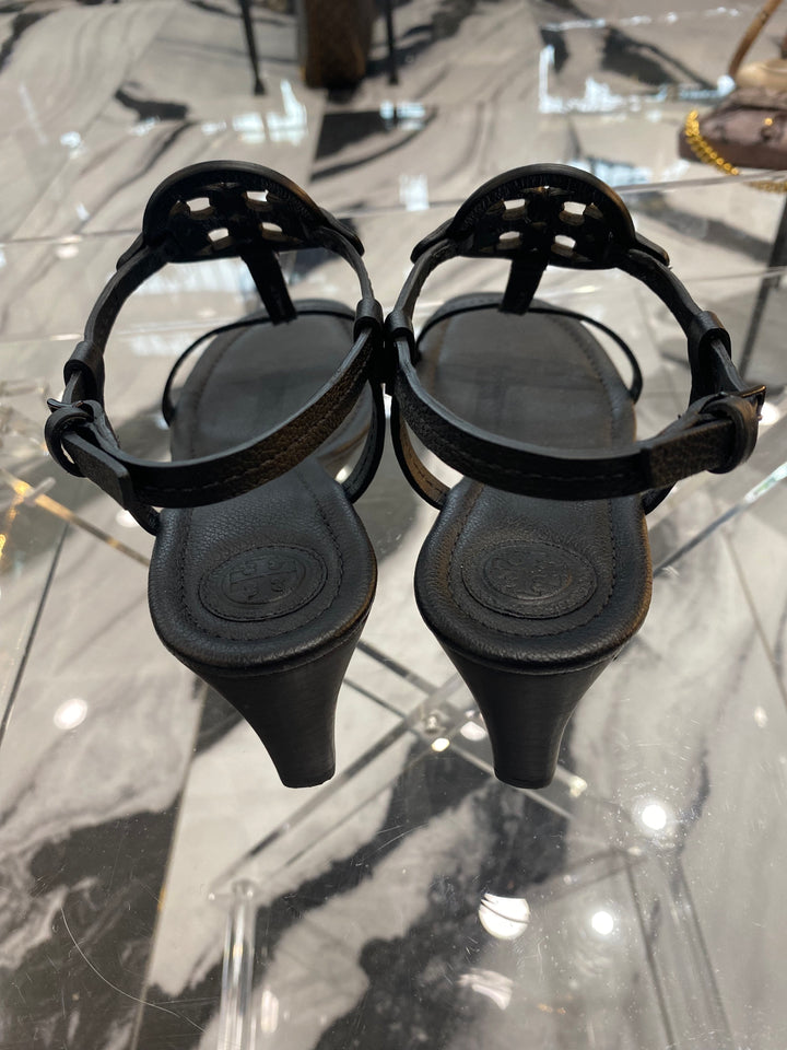 TORY BURCH MILLER T STRAP LEATHER WEDGE HEEL SANDALS