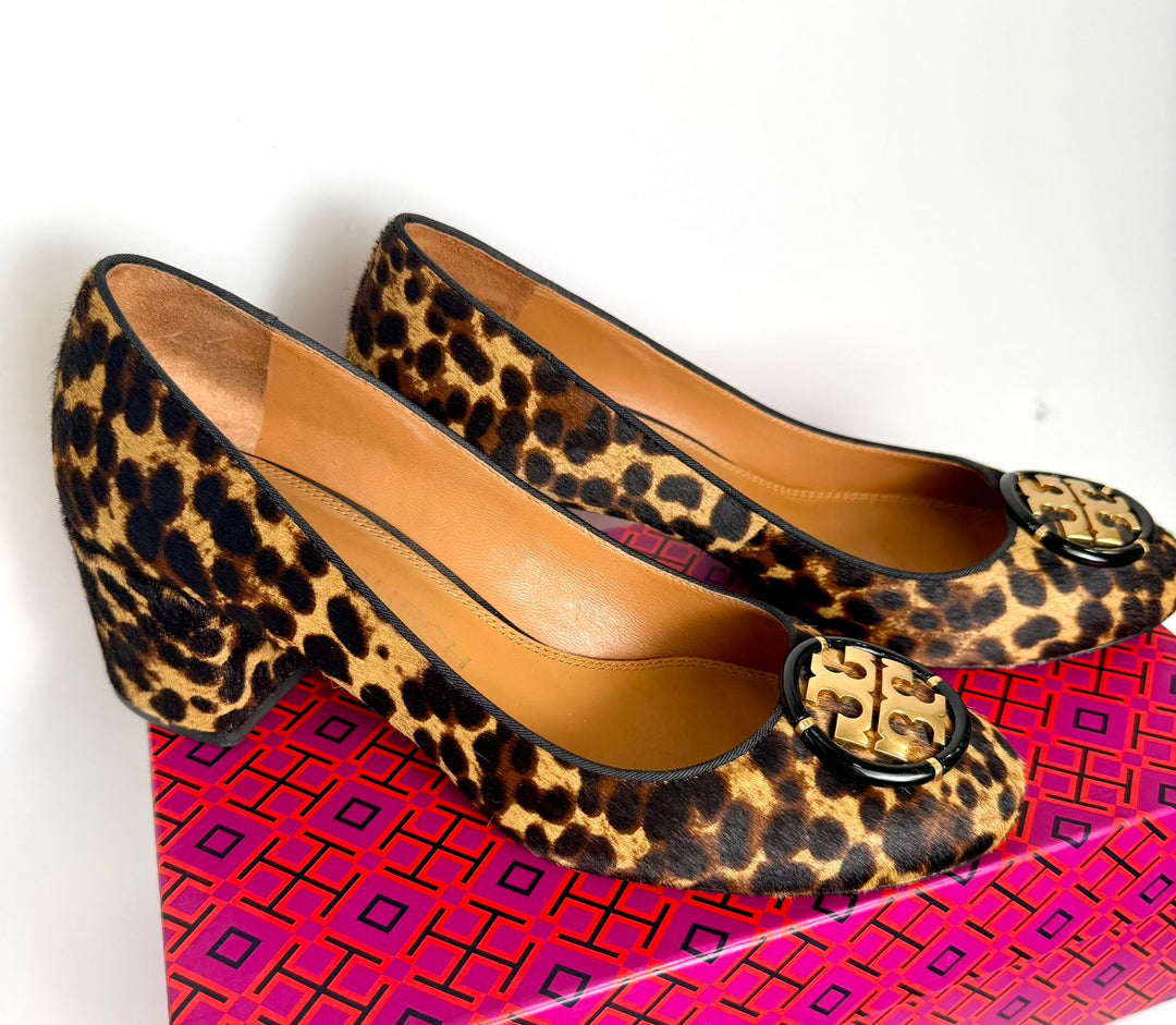 TORY BURCH MULTI LOGO CALF-HAIR LEOPARD PUMPS