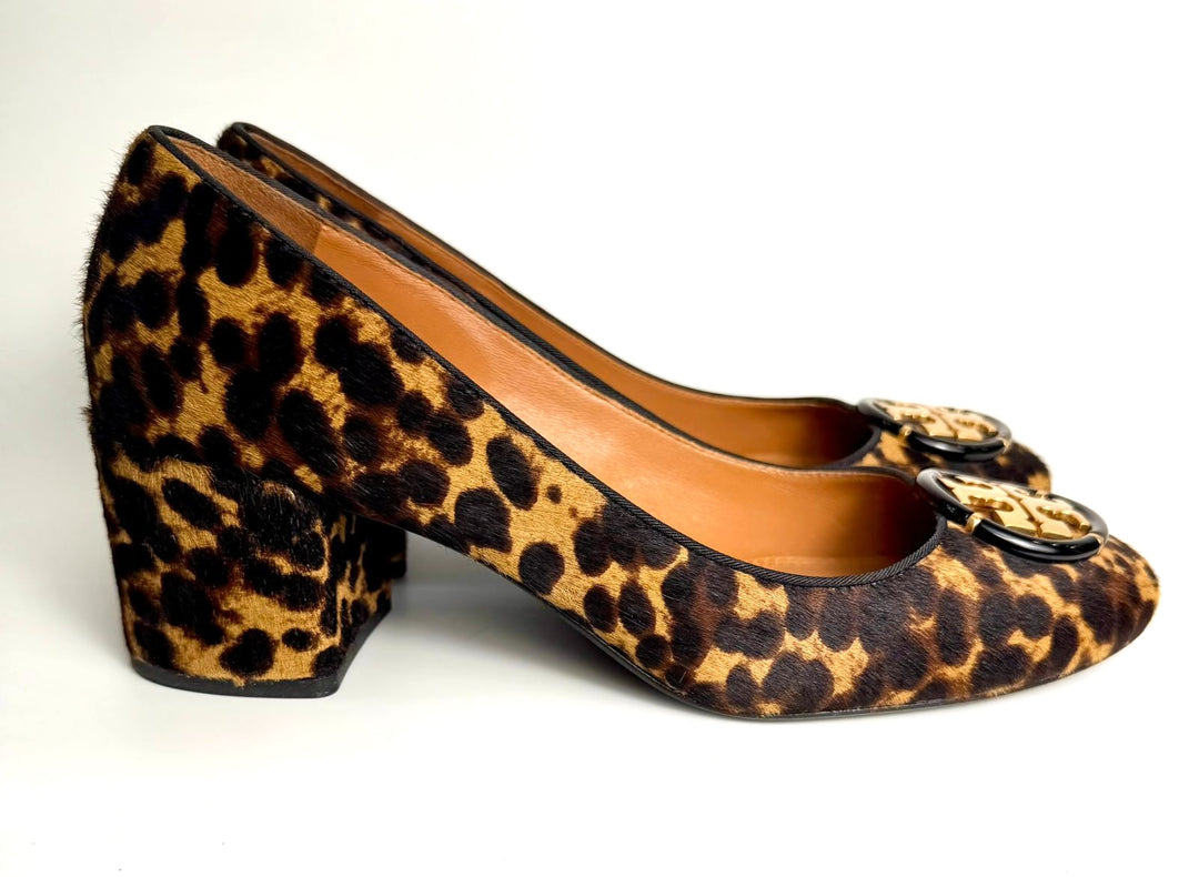 TORY BURCH MULTI LOGO CALF-HAIR LEOPARD PUMPS