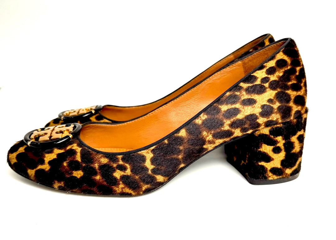 TORY BURCH MULTI LOGO CALF-HAIR LEOPARD PUMPS