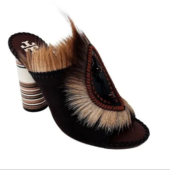 TORY BURCH PHOENIX FUR FEATHER PLATFORM MULES