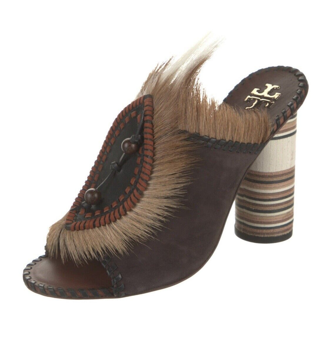 TORY BURCH PHOENIX FUR FEATHER PLATFORM MULES
