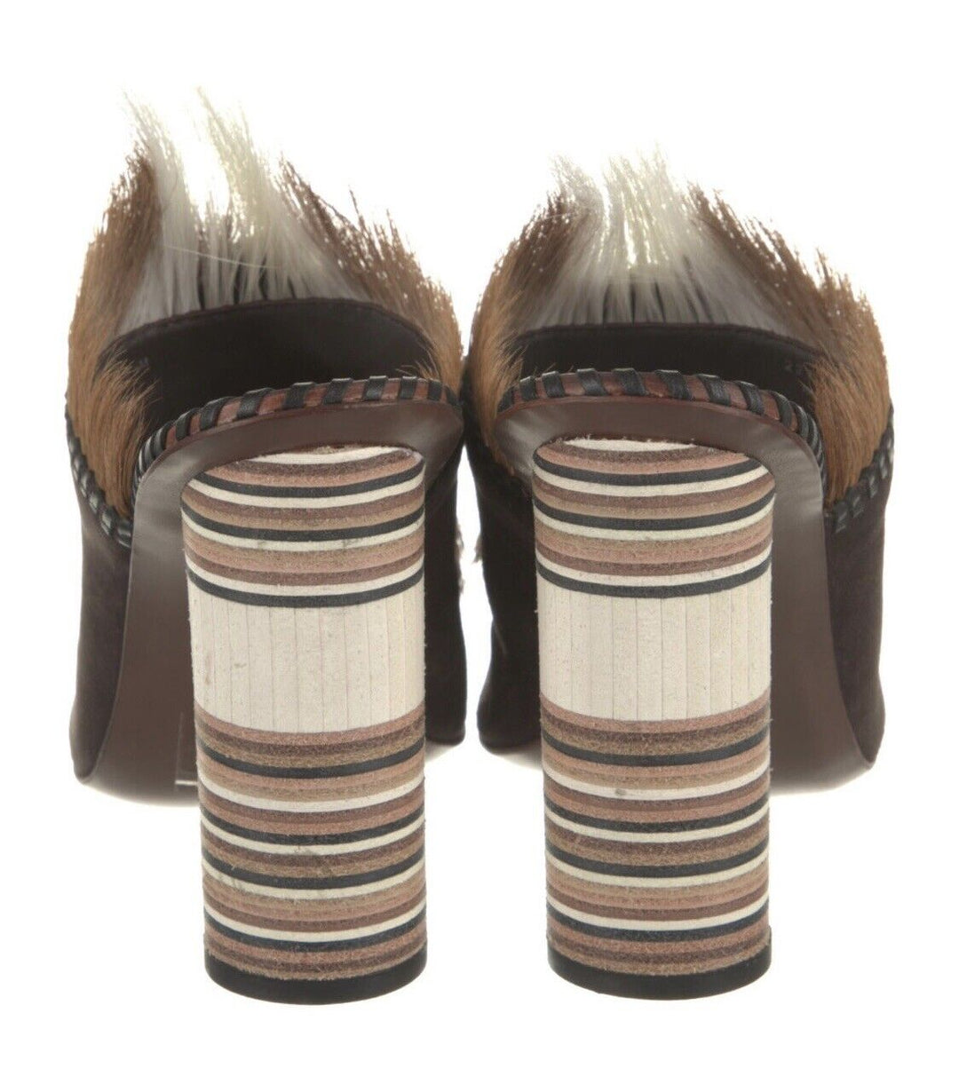 TORY BURCH PHOENIX FUR FEATHER PLATFORM MULES
