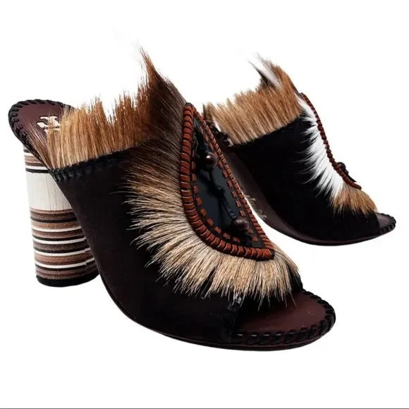 TORY BURCH PHOENIX FUR FEATHER PLATFORM MULES