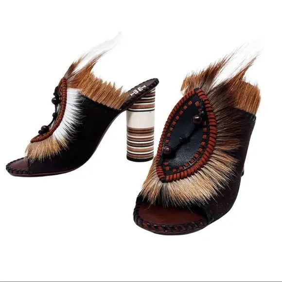 TORY BURCH PHOENIX FUR FEATHER PLATFORM MULES