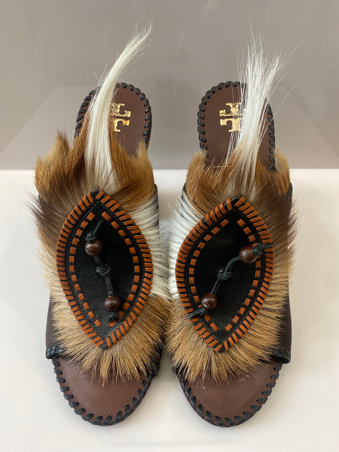 TORY BURCH PHOENIX FUR FEATHER PLATFORM MULES