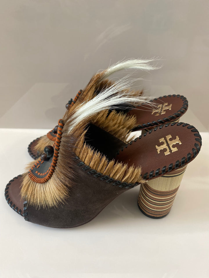 TORY BURCH PHOENIX FUR FEATHER PLATFORM MULES