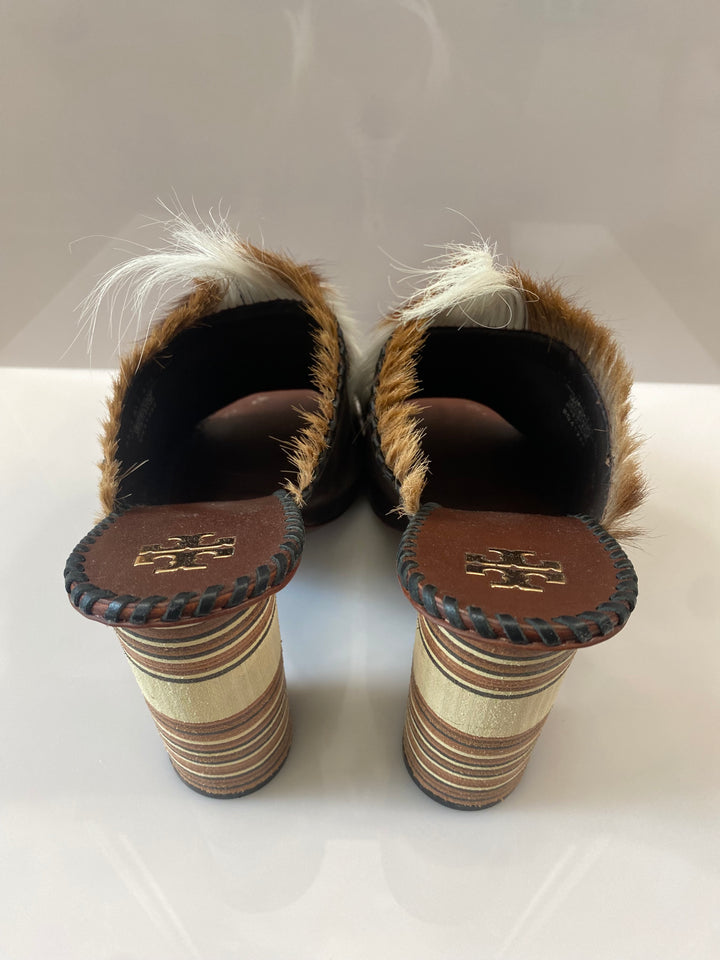 TORY BURCH PHOENIX FUR FEATHER PLATFORM MULES