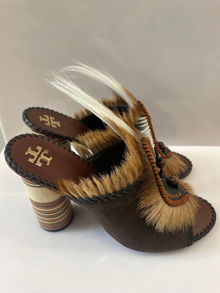TORY BURCH PHOENIX FUR FEATHER PLATFORM MULES