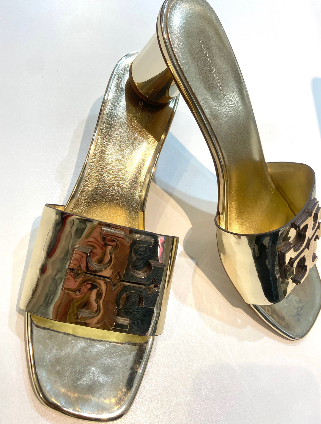 TORY BURCH INES 55 METALLIC GOLD HEELED SANDALS