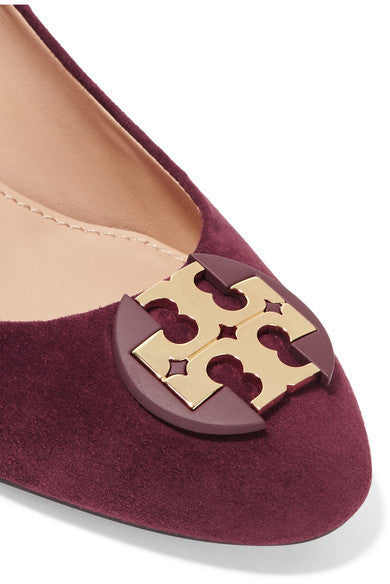 TORY BURCH LUNA EMBELLISHED SUEDE MEDALLION WEDGE HEEL PUMPS