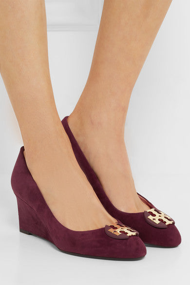 TORY BURCH LUNA EMBELLISHED SUEDE MEDALLION WEDGE HEEL PUMPS