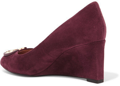 TORY BURCH LUNA EMBELLISHED SUEDE MEDALLION WEDGE HEEL PUMPS