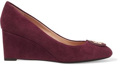 TORY BURCH LUNA EMBELLISHED SUEDE MEDALLION WEDGE HEEL PUMPS