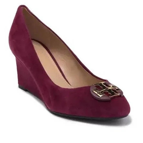 TORY BURCH LUNA EMBELLISHED SUEDE MEDALLION WEDGE HEEL PUMPS
