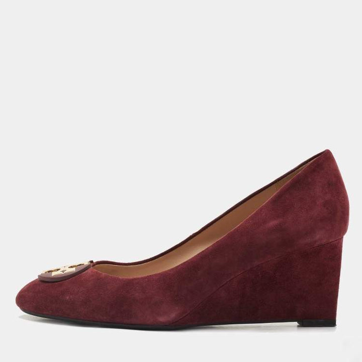 TORY BURCH LUNA EMBELLISHED SUEDE MEDALLION WEDGE HEEL PUMPS
