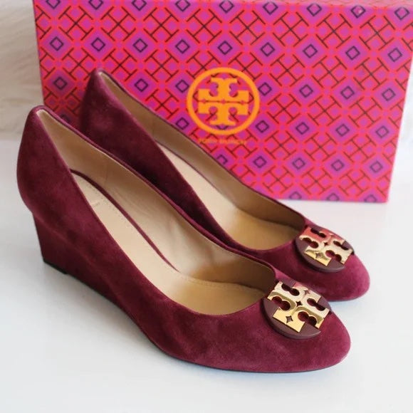 TORY BURCH LUNA EMBELLISHED SUEDE MEDALLION WEDGE HEEL PUMPS