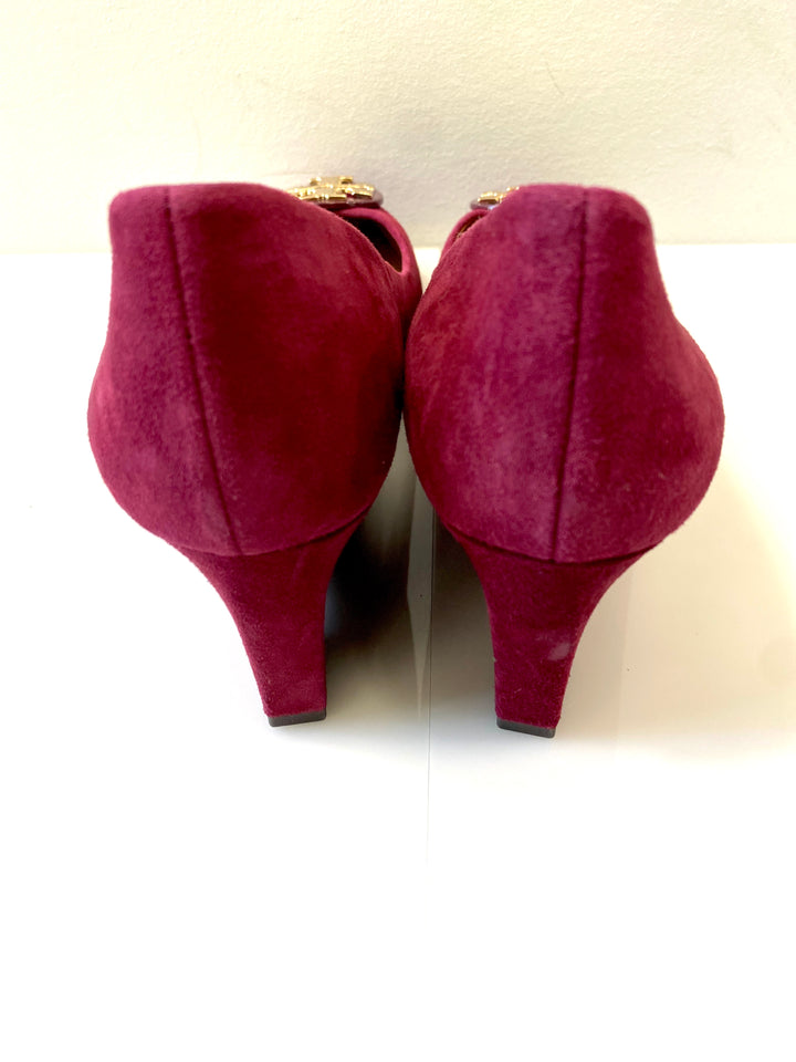TORY BURCH LUNA EMBELLISHED SUEDE MEDALLION WEDGE HEEL PUMPS
