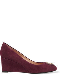 TORY BURCH LUNA EMBELLISHED SUEDE MEDALLION WEDGE HEEL PUMPS