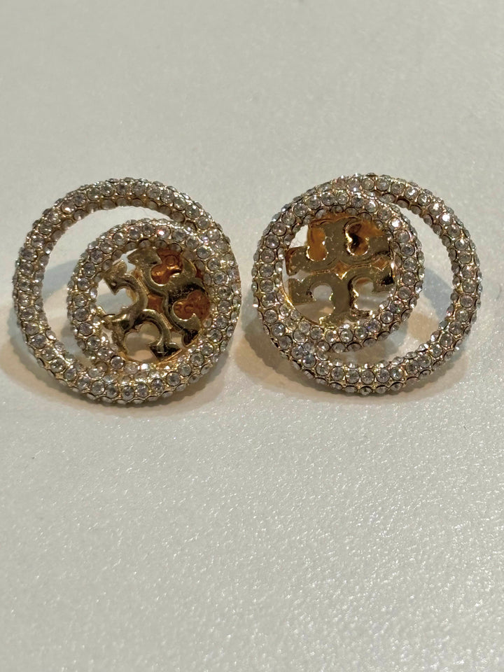 TORY BURCH MILLER 18K GOLD PLATED &amp; CRYSTAL LOGO STUD EARRINGS
