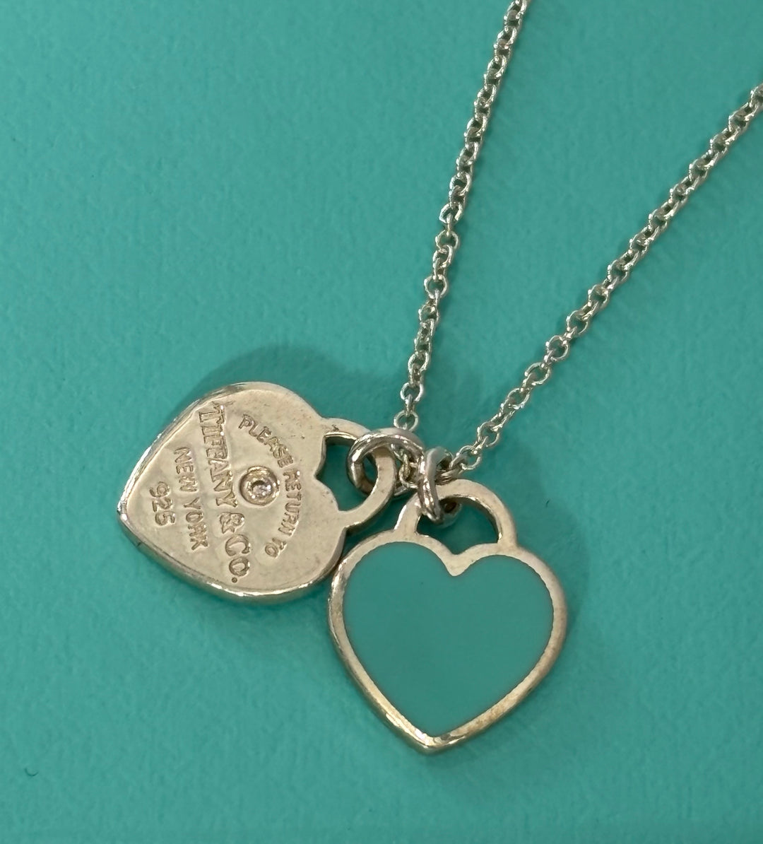 TIFFANY &amp; CO. RTT BLUE DOUBLE HEART STERLING SILVER NECKLACE