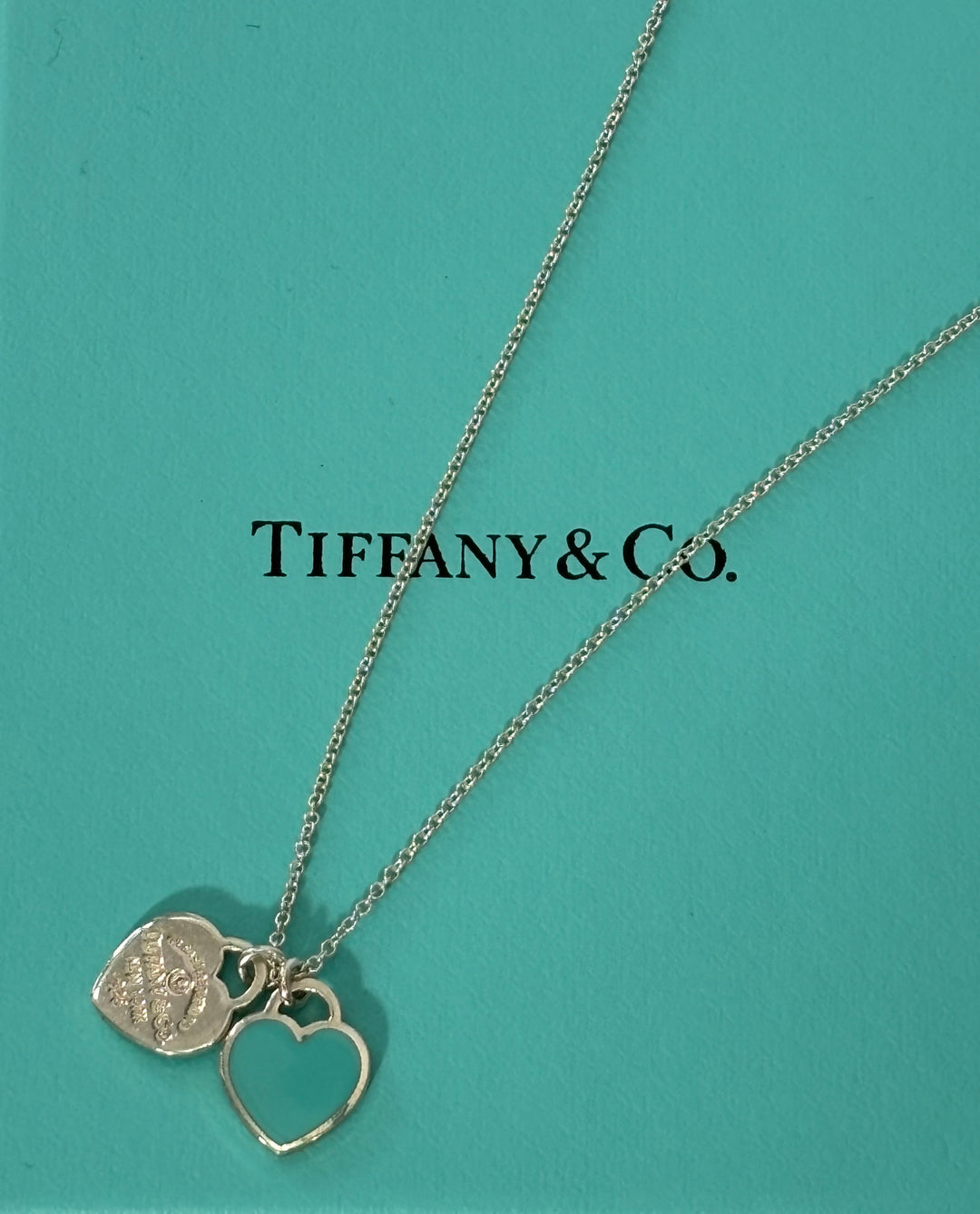 TIFFANY &amp; CO. RTT BLUE DOUBLE HEART STERLING SILVER NECKLACE