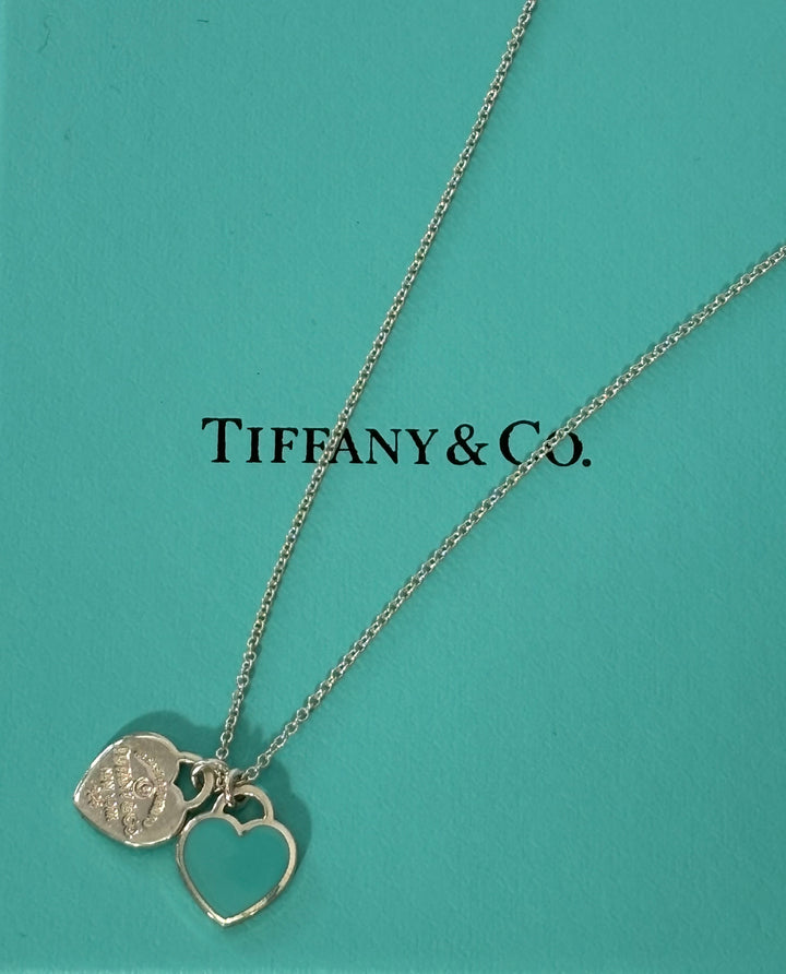 TIFFANY &amp; CO. RTT BLUE DOUBLE HEART STERLING SILVER NECKLACE