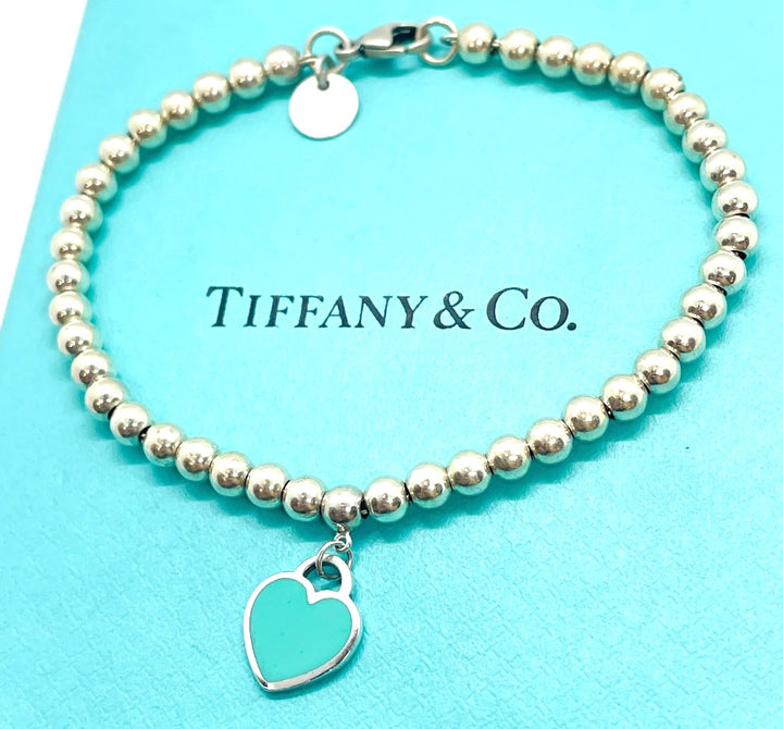 TIFFANY BLUE® ENAMEL HEART TAG RTT STERLING SILVER BEAD BRACELET