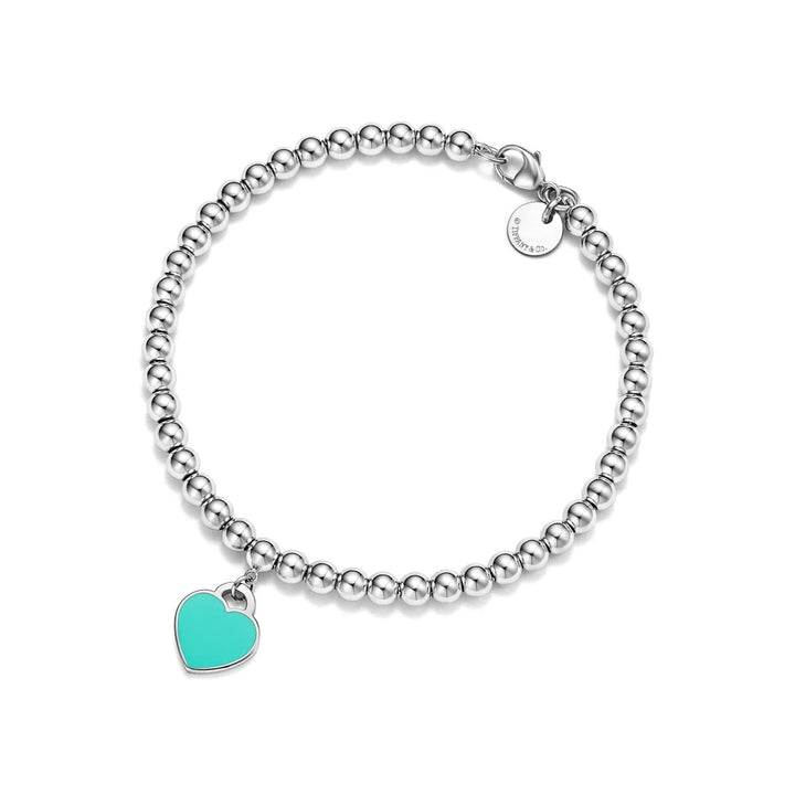 TIFFANY BLUE® ENAMEL HEART TAG RTT STERLING SILVER BEAD BRACELET