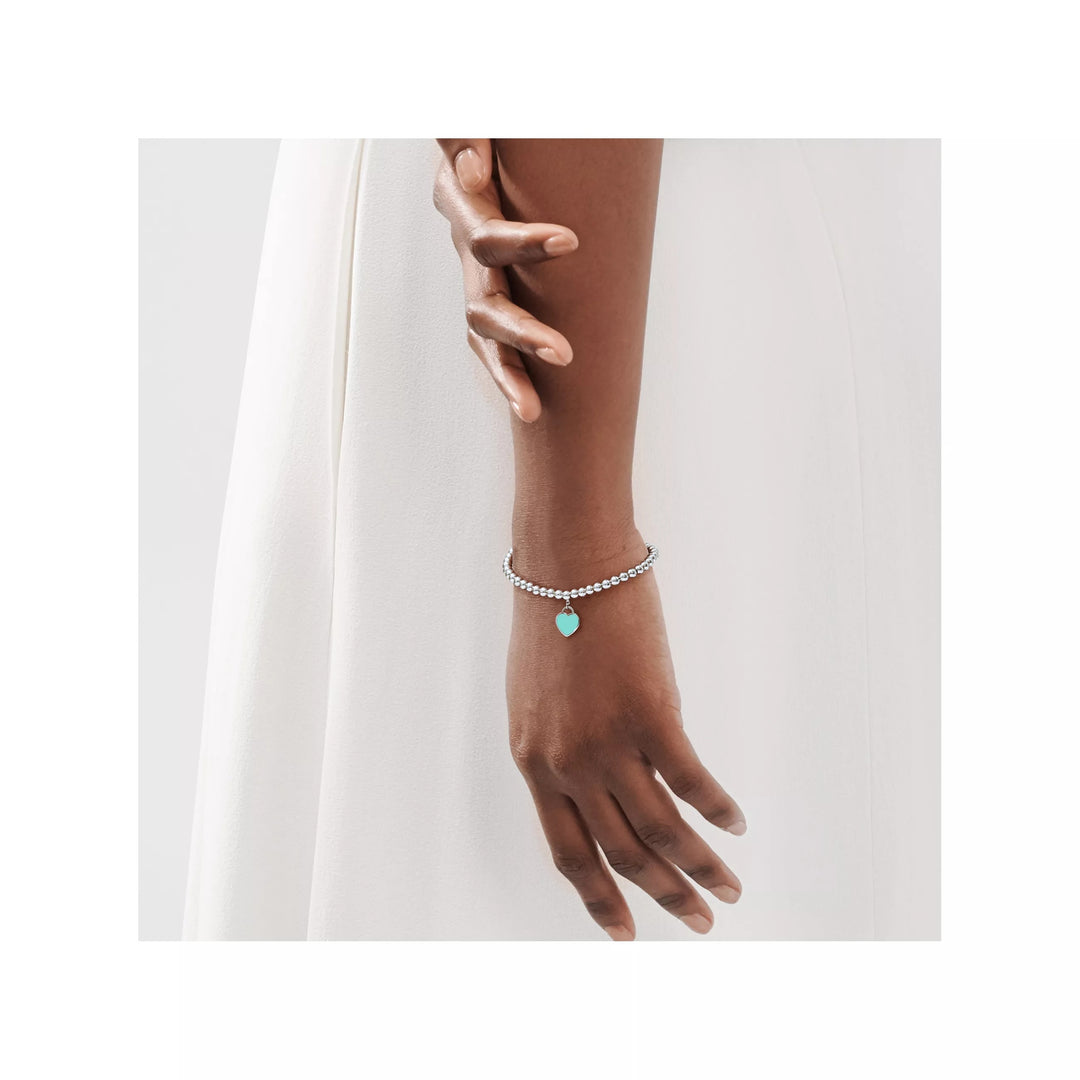 TIFFANY BLUE® ENAMEL HEART TAG RTT STERLING SILVER BEAD BRACELET