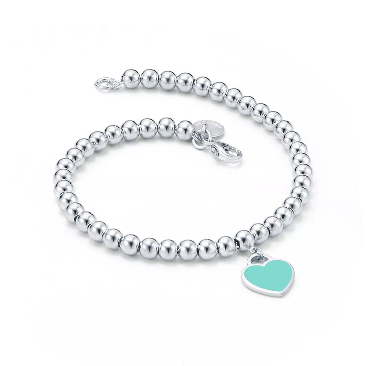 TIFFANY BLUE® ENAMEL HEART TAG RTT STERLING SILVER BEAD BRACELET
