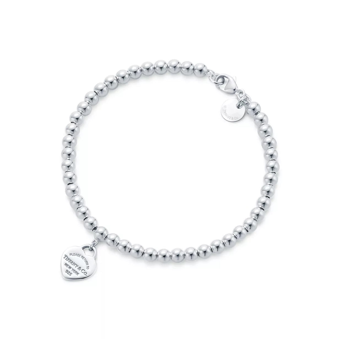 TIFFANY BLUE® ENAMEL HEART TAG RTT STERLING SILVER BEAD BRACELET