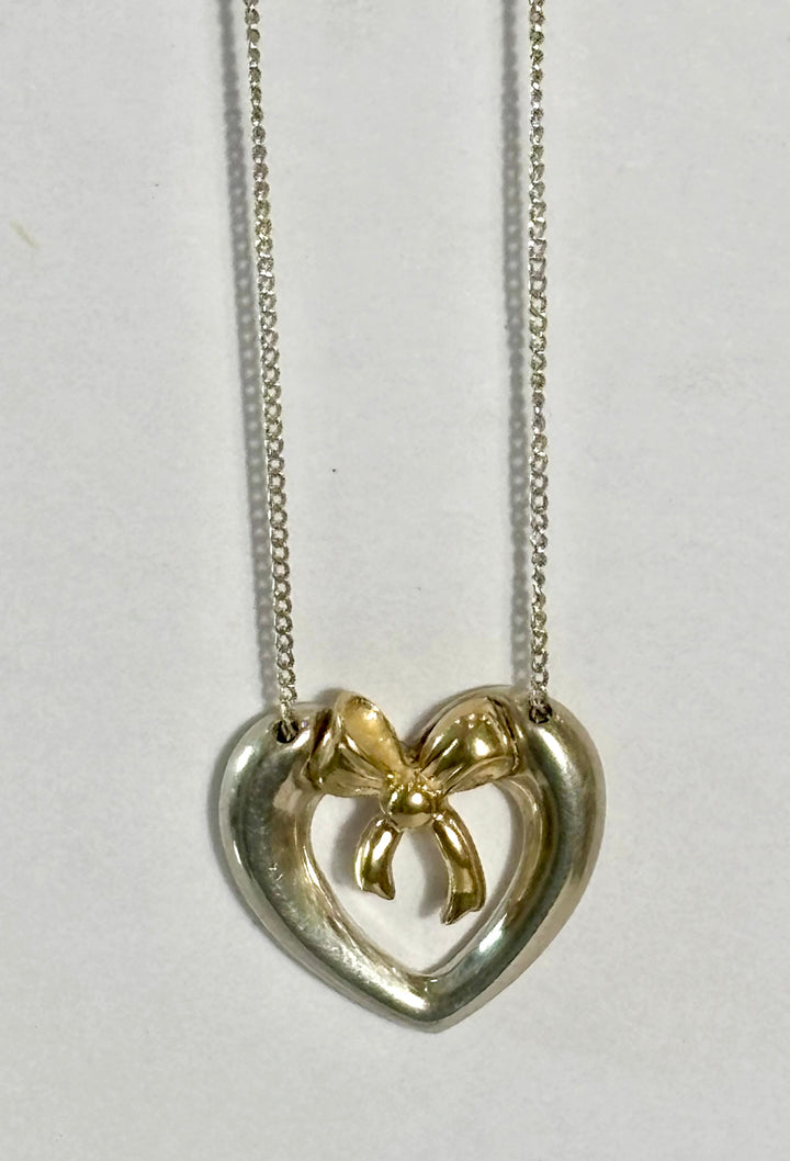 TIFFANY &amp; CO. STERLING SILVER 18K YELLOW GOLD HEART RIBBON NECKLACE