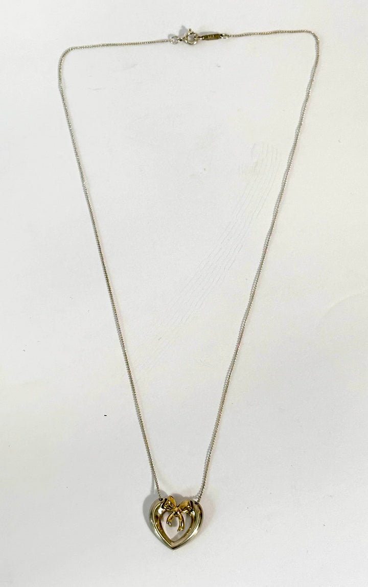 TIFFANY &amp; CO. STERLING SILVER 18K YELLOW GOLD HEART RIBBON NECKLACE