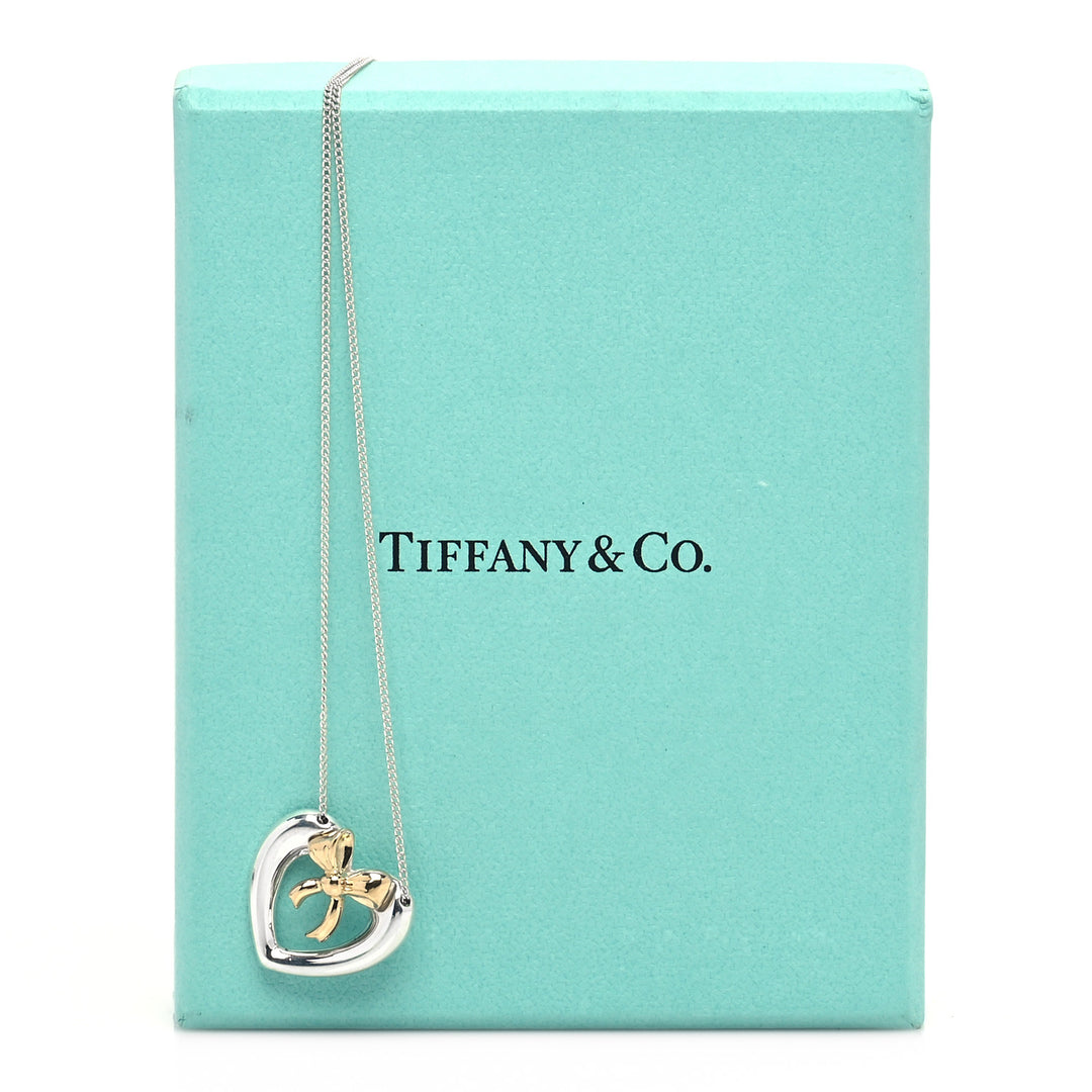 TIFFANY &amp; CO. STERLING SILVER 18K YELLOW GOLD HEART RIBBON NECKLACE
