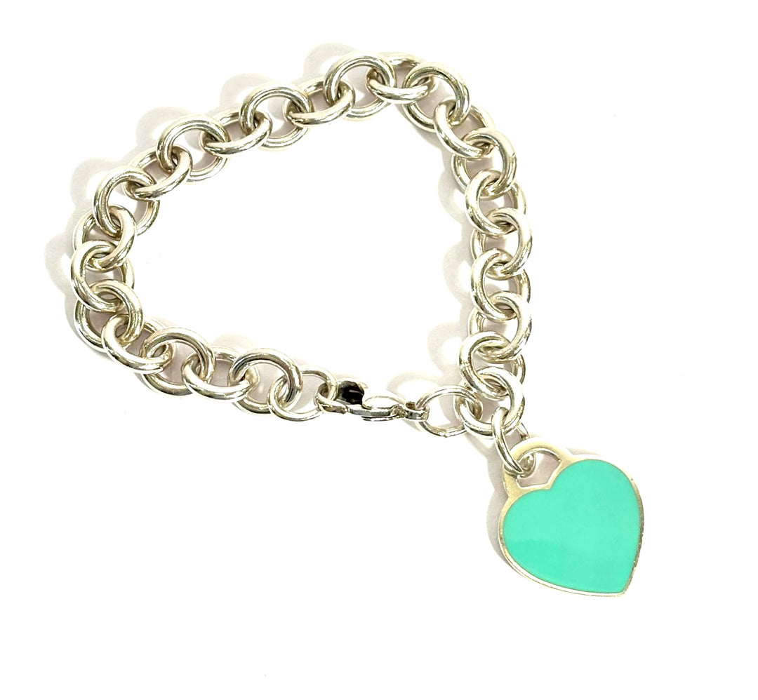 TIFFANY STERLING SILVER BLUE ENAMEL RTT HEART CHARM BRACELET