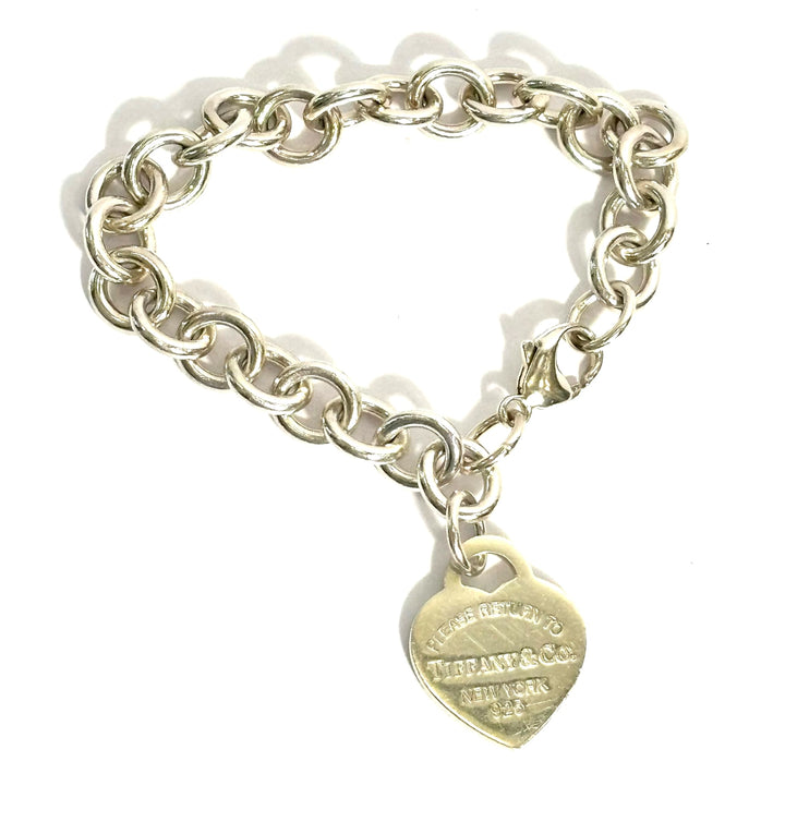 TIFFANY STERLING SILVER BLUE ENAMEL RTT HEART CHARM BRACELET