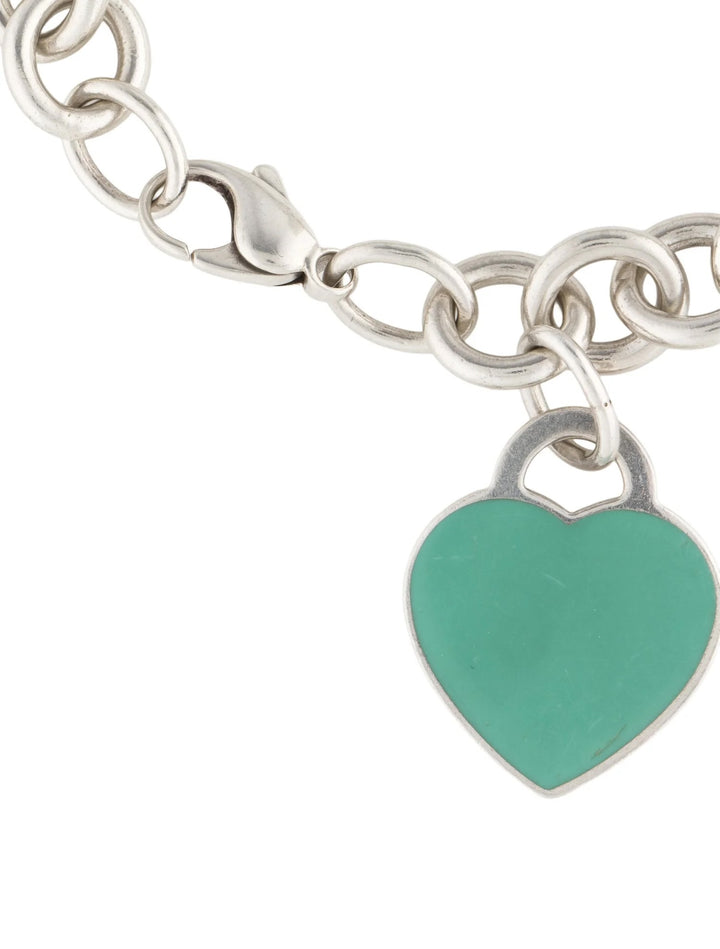 TIFFANY STERLING SILVER BLUE ENAMEL RTT HEART CHARM BRACELET