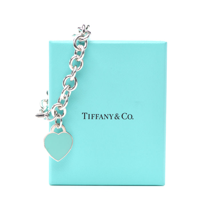 TIFFANY STERLING SILVER BLUE ENAMEL RTT HEART CHARM BRACELET