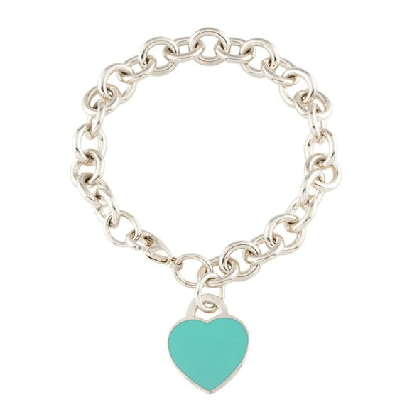 TIFFANY STERLING SILVER BLUE ENAMEL RTT HEART CHARM BRACELET