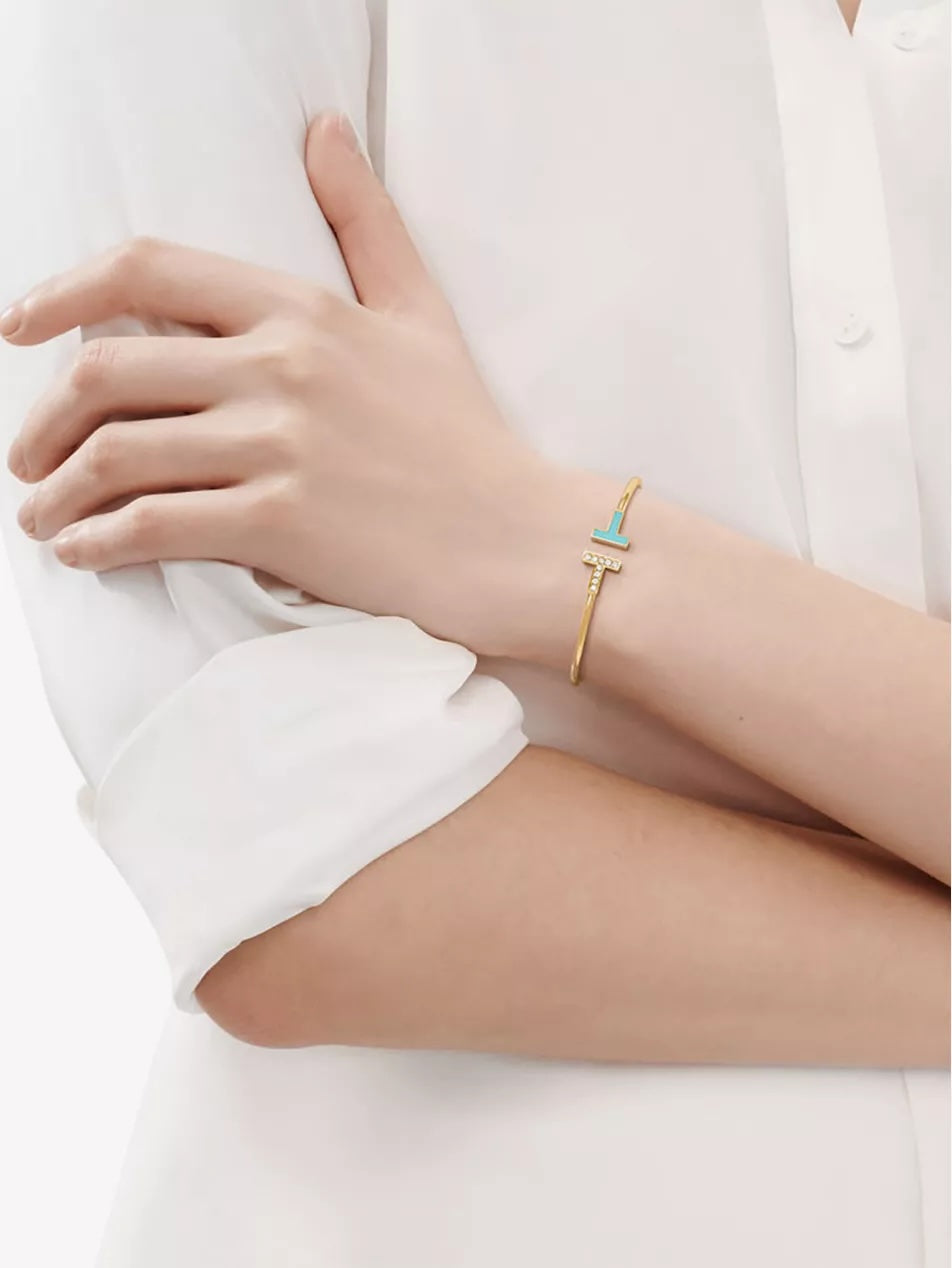 TIFFANY &amp; CO. 18K YELLOW GOLD TURQUOISE DIAMONDS T-WIRE BRACELET