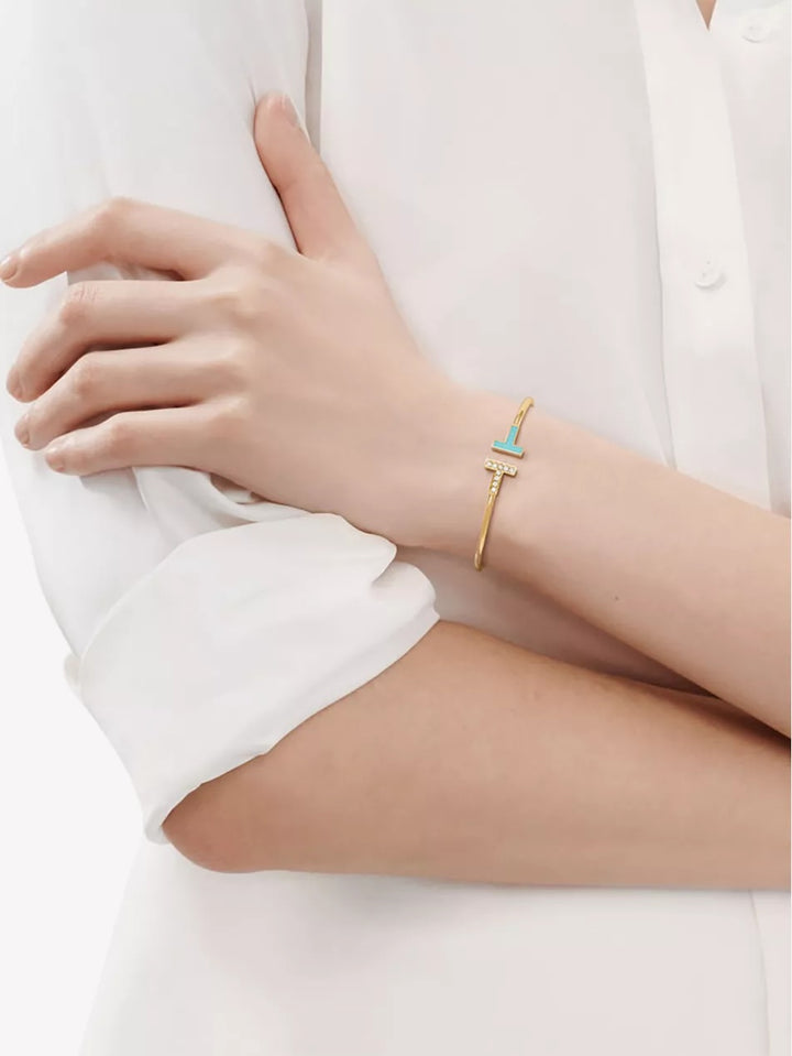 TIFFANY &amp; CO. 18K YELLOW GOLD TURQUOISE DIAMONDS T-WIRE BRACELET