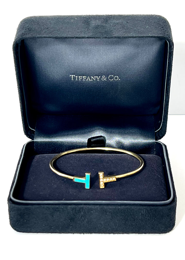 TIFFANY &amp; CO. 18K YELLOW GOLD TURQUOISE DIAMONDS T-WIRE BRACELET