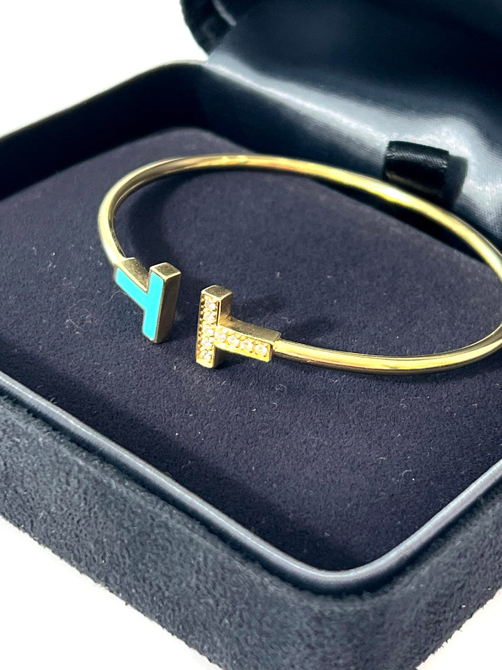 TIFFANY &amp; CO. 18K YELLOW GOLD TURQUOISE DIAMONDS T-WIRE BRACELET