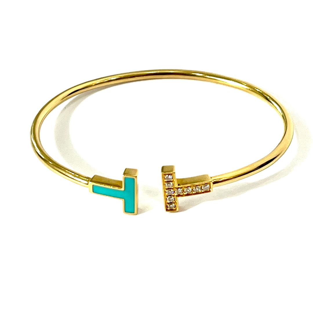 TIFFANY &amp; CO. 18K YELLOW GOLD TURQUOISE DIAMONDS T-WIRE BRACELET