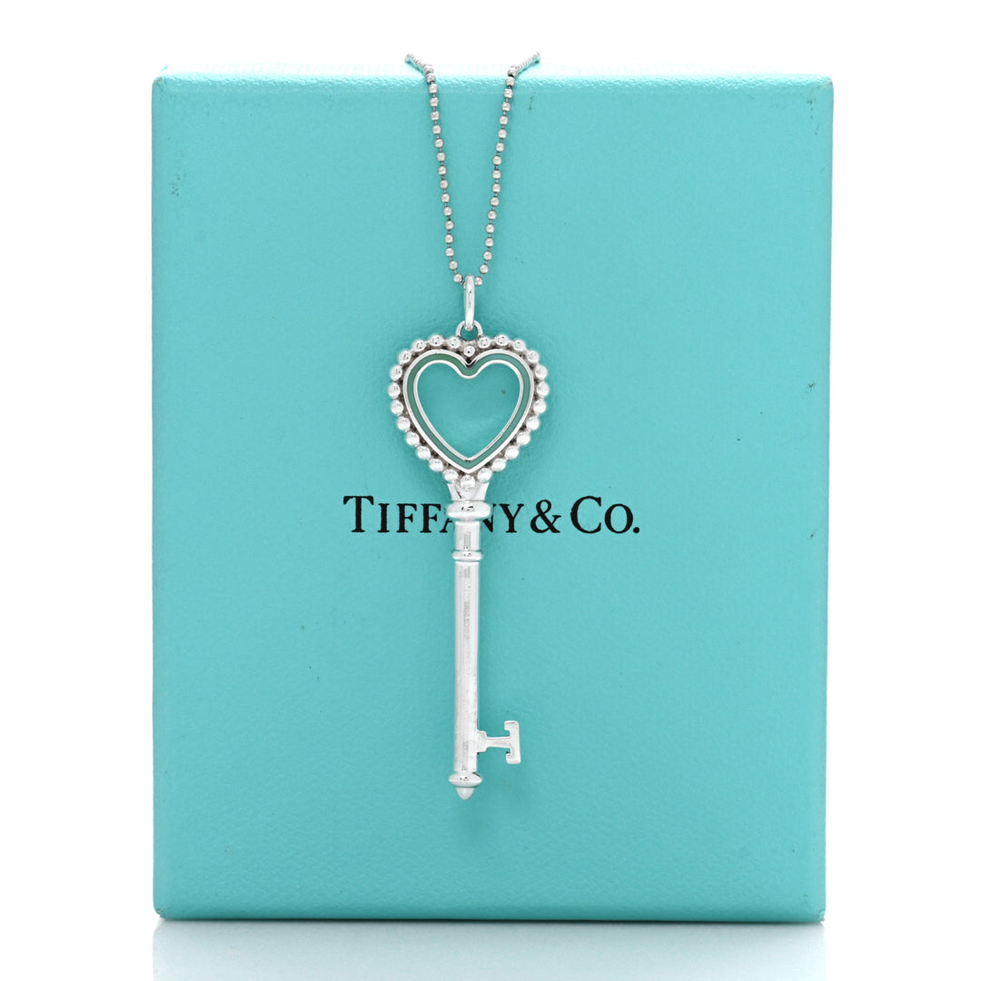 TIFFANY &amp; CO. BLUE ENAMEL BEAD HEART KEY STERLING SILVER NECKLACE